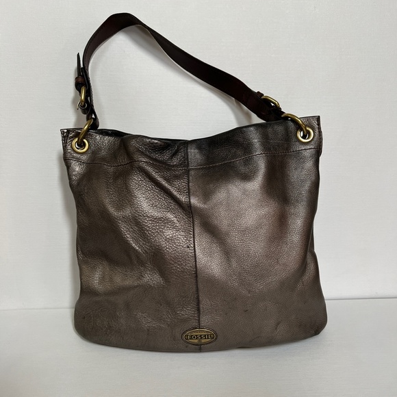 Fossil Explorer Metallic Leather Hobo ZB5503 Gunmetal/Brown - Picture 3 of 12